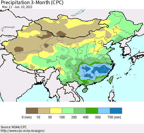 China, Mongolia and Taiwan Precipitation 3-Month (CPC) Thematic Map For 3/11/2021 - 6/10/2021