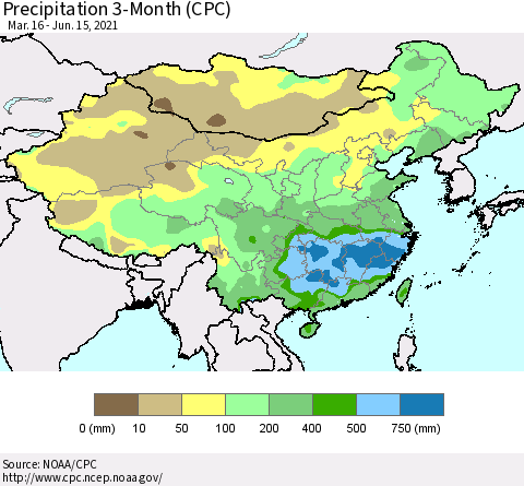 China, Mongolia and Taiwan Precipitation 3-Month (CPC) Thematic Map For 3/16/2021 - 6/15/2021