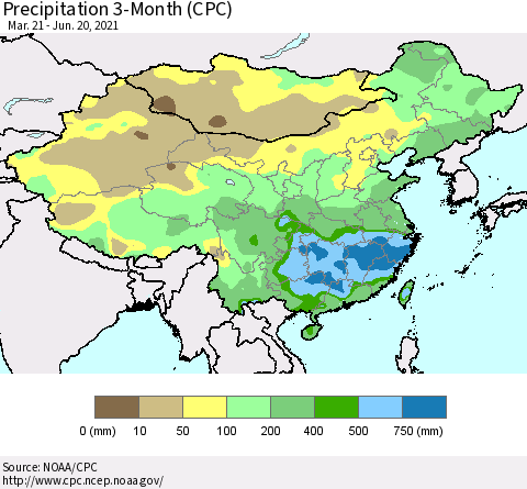 China, Mongolia and Taiwan Precipitation 3-Month (CPC) Thematic Map For 3/21/2021 - 6/20/2021