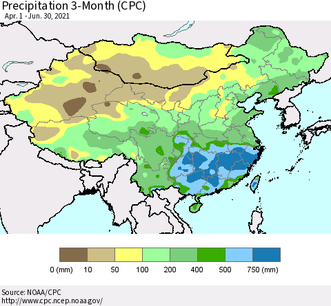 China, Mongolia and Taiwan Precipitation 3-Month (CPC) Thematic Map For 4/1/2021 - 6/30/2021