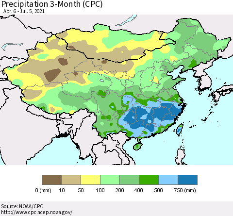 China, Mongolia and Taiwan Precipitation 3-Month (CPC) Thematic Map For 4/6/2021 - 7/5/2021