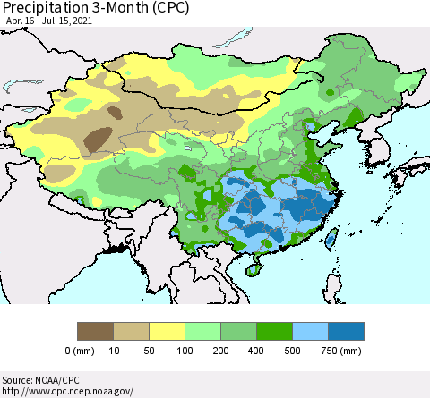 China, Mongolia and Taiwan Precipitation 3-Month (CPC) Thematic Map For 4/16/2021 - 7/15/2021