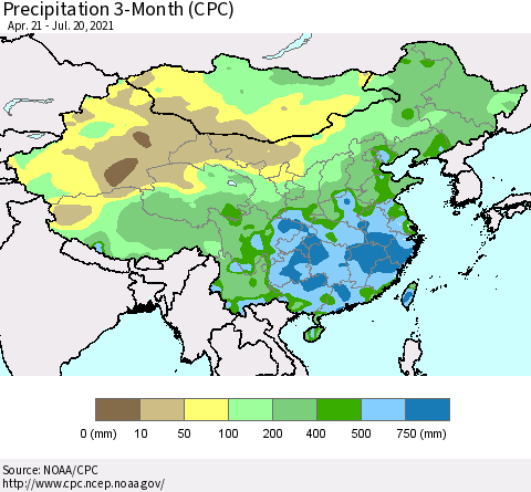 China, Mongolia and Taiwan Precipitation 3-Month (CPC) Thematic Map For 4/21/2021 - 7/20/2021