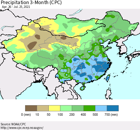 China, Mongolia and Taiwan Precipitation 3-Month (CPC) Thematic Map For 4/26/2021 - 7/25/2021