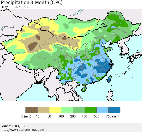 China, Mongolia and Taiwan Precipitation 3-Month (CPC) Thematic Map For 5/1/2021 - 7/31/2021