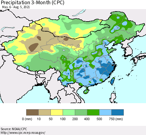 China, Mongolia and Taiwan Precipitation 3-Month (CPC) Thematic Map For 5/6/2021 - 8/5/2021