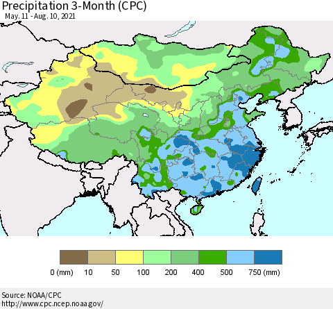 China, Mongolia and Taiwan Precipitation 3-Month (CPC) Thematic Map For 5/11/2021 - 8/10/2021