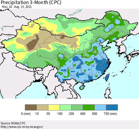 China, Mongolia and Taiwan Precipitation 3-Month (CPC) Thematic Map For 5/16/2021 - 8/15/2021