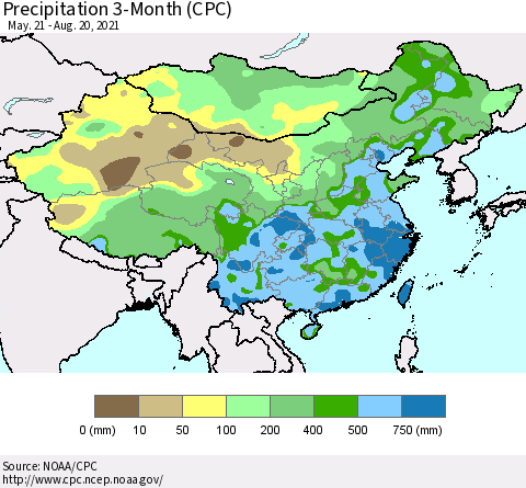 China, Mongolia and Taiwan Precipitation 3-Month (CPC) Thematic Map For 5/21/2021 - 8/20/2021