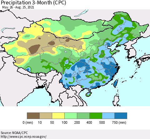 China, Mongolia and Taiwan Precipitation 3-Month (CPC) Thematic Map For 5/26/2021 - 8/25/2021