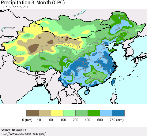 China, Mongolia and Taiwan Precipitation 3-Month (CPC) Thematic Map For 6/6/2021 - 9/5/2021