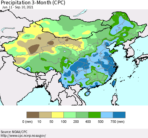 China, Mongolia and Taiwan Precipitation 3-Month (CPC) Thematic Map For 6/11/2021 - 9/10/2021