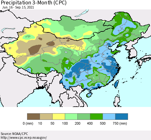 China, Mongolia and Taiwan Precipitation 3-Month (CPC) Thematic Map For 6/16/2021 - 9/15/2021