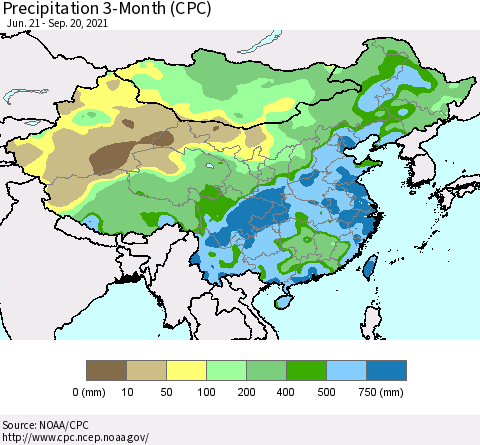 China, Mongolia and Taiwan Precipitation 3-Month (CPC) Thematic Map For 6/21/2021 - 9/20/2021