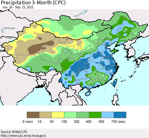 China, Mongolia and Taiwan Precipitation 3-Month (CPC) Thematic Map For 6/26/2021 - 9/25/2021