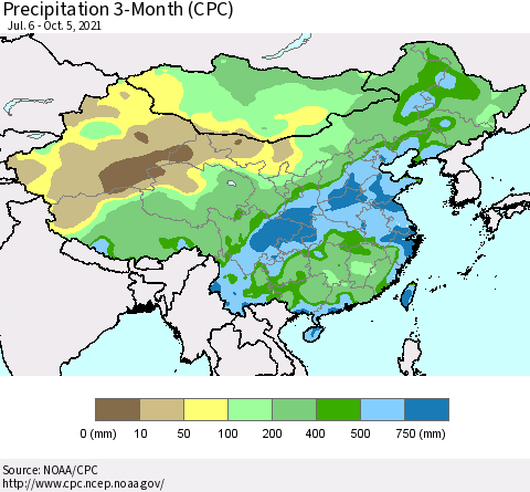 China, Mongolia and Taiwan Precipitation 3-Month (CPC) Thematic Map For 7/6/2021 - 10/5/2021
