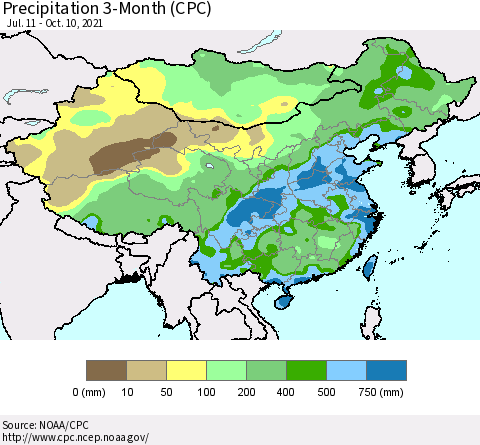 China, Mongolia and Taiwan Precipitation 3-Month (CPC) Thematic Map For 7/11/2021 - 10/10/2021