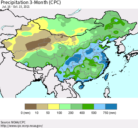 China, Mongolia and Taiwan Precipitation 3-Month (CPC) Thematic Map For 7/16/2021 - 10/15/2021
