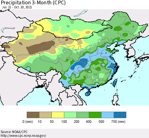 China, Mongolia and Taiwan Precipitation 3-Month (CPC) Thematic Map For 7/21/2021 - 10/20/2021