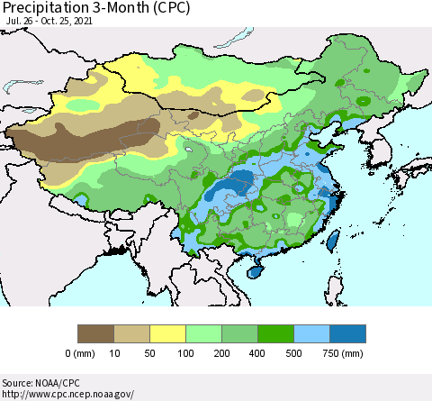 China, Mongolia and Taiwan Precipitation 3-Month (CPC) Thematic Map For 7/26/2021 - 10/25/2021