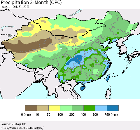 China, Mongolia and Taiwan Precipitation 3-Month (CPC) Thematic Map For 8/1/2021 - 10/31/2021