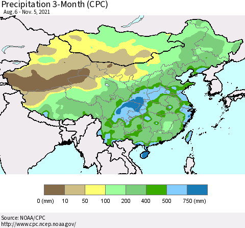 China, Mongolia and Taiwan Precipitation 3-Month (CPC) Thematic Map For 8/6/2021 - 11/5/2021