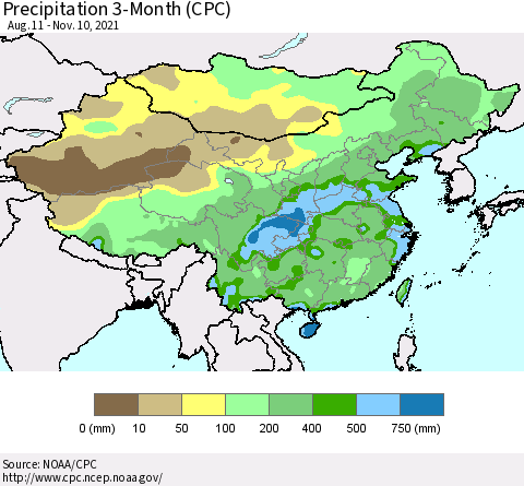 China, Mongolia and Taiwan Precipitation 3-Month (CPC) Thematic Map For 8/11/2021 - 11/10/2021