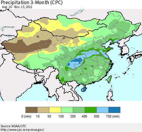 China, Mongolia and Taiwan Precipitation 3-Month (CPC) Thematic Map For 8/16/2021 - 11/15/2021