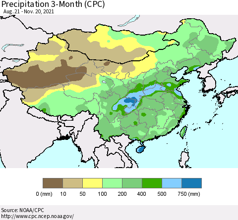 China, Mongolia and Taiwan Precipitation 3-Month (CPC) Thematic Map For 8/21/2021 - 11/20/2021