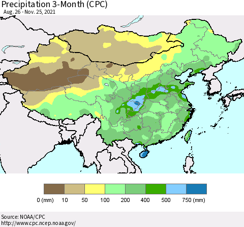 China, Mongolia and Taiwan Precipitation 3-Month (CPC) Thematic Map For 8/26/2021 - 11/25/2021