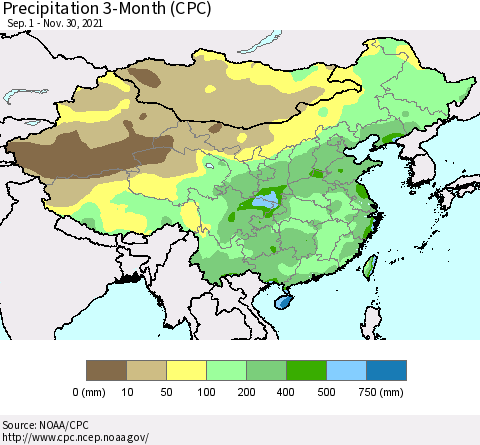 China, Mongolia and Taiwan Precipitation 3-Month (CPC) Thematic Map For 9/1/2021 - 11/30/2021