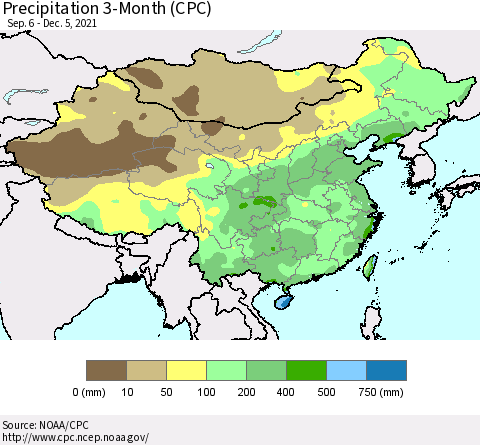 China, Mongolia and Taiwan Precipitation 3-Month (CPC) Thematic Map For 9/6/2021 - 12/5/2021