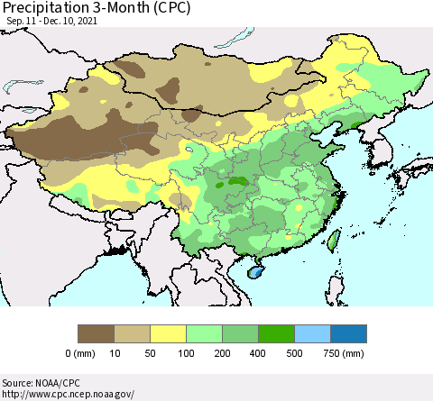 China, Mongolia and Taiwan Precipitation 3-Month (CPC) Thematic Map For 9/11/2021 - 12/10/2021