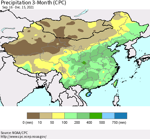 China, Mongolia and Taiwan Precipitation 3-Month (CPC) Thematic Map For 9/16/2021 - 12/15/2021