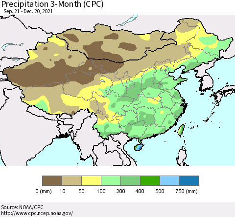 China, Mongolia and Taiwan Precipitation 3-Month (CPC) Thematic Map For 9/21/2021 - 12/20/2021