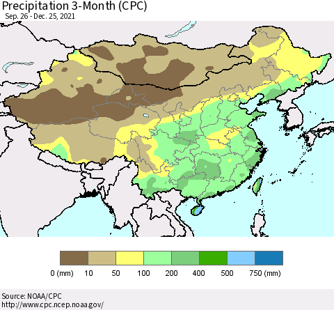 China, Mongolia and Taiwan Precipitation 3-Month (CPC) Thematic Map For 9/26/2021 - 12/25/2021