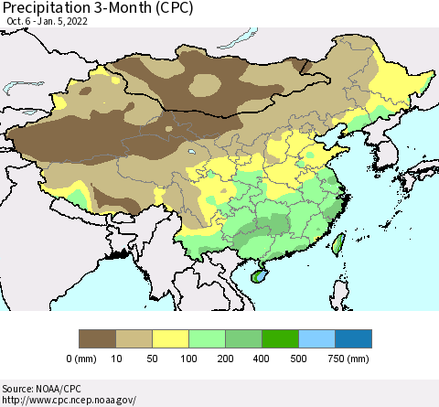 China, Mongolia and Taiwan Precipitation 3-Month (CPC) Thematic Map For 10/6/2021 - 1/5/2022