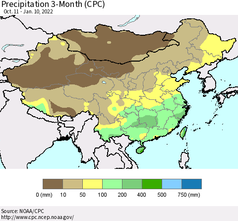 China, Mongolia and Taiwan Precipitation 3-Month (CPC) Thematic Map For 10/11/2021 - 1/10/2022