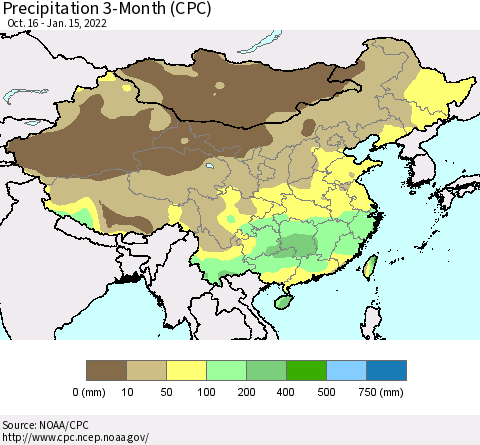 China, Mongolia and Taiwan Precipitation 3-Month (CPC) Thematic Map For 10/16/2021 - 1/15/2022