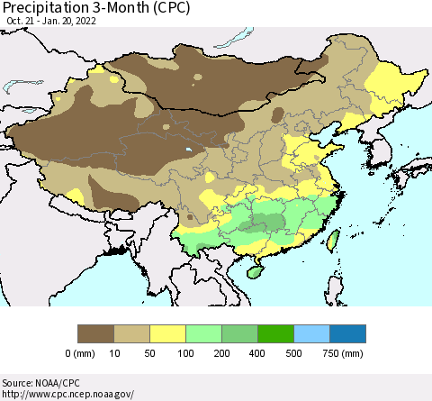China, Mongolia and Taiwan Precipitation 3-Month (CPC) Thematic Map For 10/21/2021 - 1/20/2022