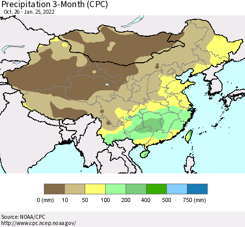 China, Mongolia and Taiwan Precipitation 3-Month (CPC) Thematic Map For 10/26/2021 - 1/25/2022