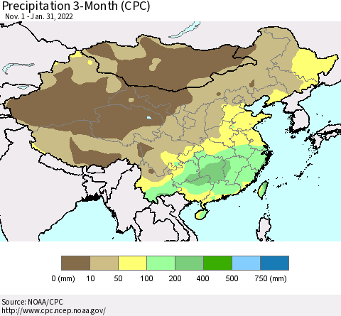 China, Mongolia and Taiwan Precipitation 3-Month (CPC) Thematic Map For 11/1/2021 - 1/31/2022