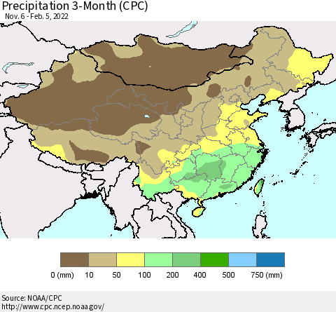 China, Mongolia and Taiwan Precipitation 3-Month (CPC) Thematic Map For 11/6/2021 - 2/5/2022