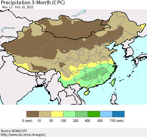 China, Mongolia and Taiwan Precipitation 3-Month (CPC) Thematic Map For 11/11/2021 - 2/10/2022