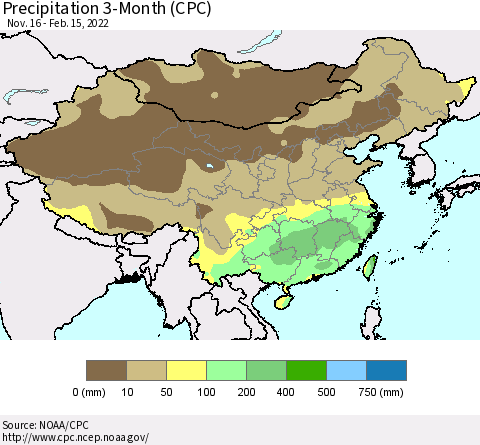 China, Mongolia and Taiwan Precipitation 3-Month (CPC) Thematic Map For 11/16/2021 - 2/15/2022