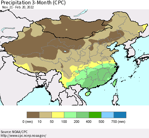 China, Mongolia and Taiwan Precipitation 3-Month (CPC) Thematic Map For 11/21/2021 - 2/20/2022