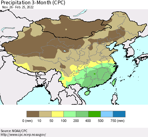 China, Mongolia and Taiwan Precipitation 3-Month (CPC) Thematic Map For 11/26/2021 - 2/25/2022