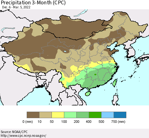 China, Mongolia and Taiwan Precipitation 3-Month (CPC) Thematic Map For 12/6/2021 - 3/5/2022