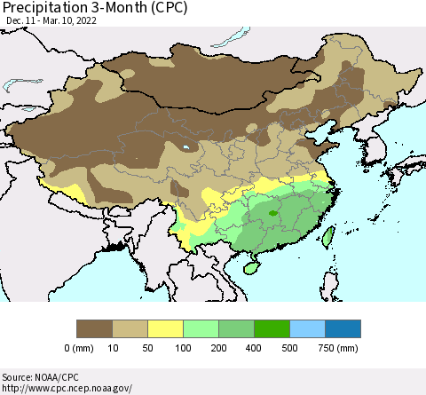 China, Mongolia and Taiwan Precipitation 3-Month (CPC) Thematic Map For 12/11/2021 - 3/10/2022
