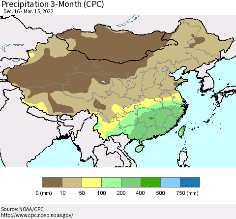 China, Mongolia and Taiwan Precipitation 3-Month (CPC) Thematic Map For 12/16/2021 - 3/15/2022